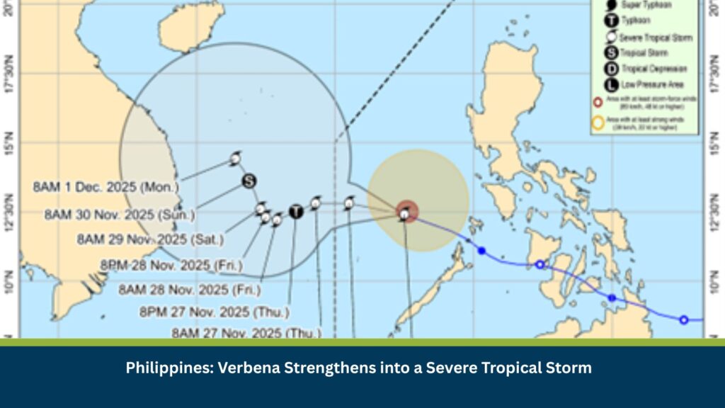 Severe Tropical Storm Verbena (Koto) strengthened as it moved away from Palawan province on 26 November, with sustained winds of 95 km/hr. Verbena made an initial landfall in Bayabas on 24 November as a tropical depression and later made six more landfalls as it moved across the country. Over the past few days, the storm brought moderate to intense rainfall in various parts of the Philippines, including Metro Manila, Cavite and Rizal, triggering localized flooding. The storm is expected to leave the Philippine Area of Responsibility (PAR) by 27 November and is forecast to continue causing rainfall in some parts of the country until 29 November.